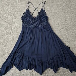 Free People Navy Lace Mini Slip Dress Crochet Asymmetrical Boho Fairy Womens M
